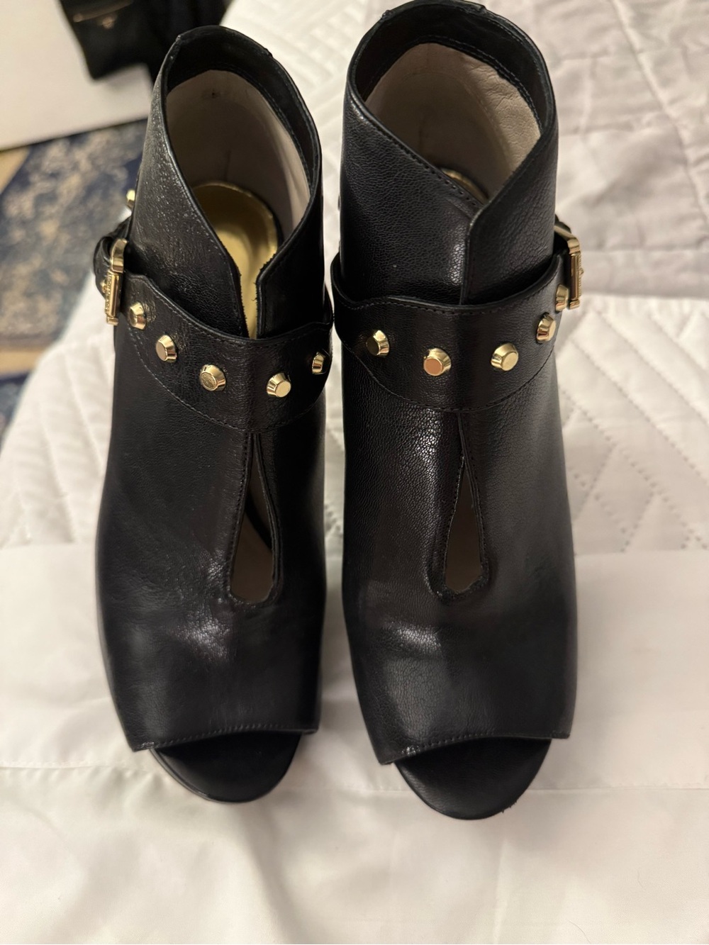 Women’s Black Leather Open-Toe Ankle Booties with Gold Studs